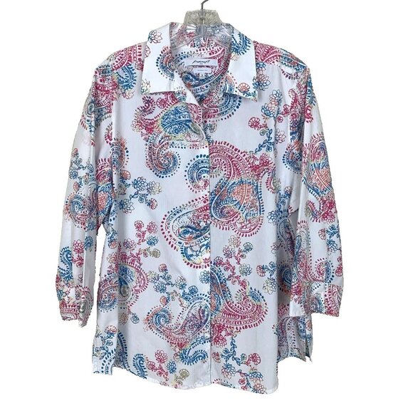 Foxcroft Tops - Foxcroft Womens Blouse 16 3/4 Sleeve Button Up Paisley Ivory Shirt Wrinkle Free